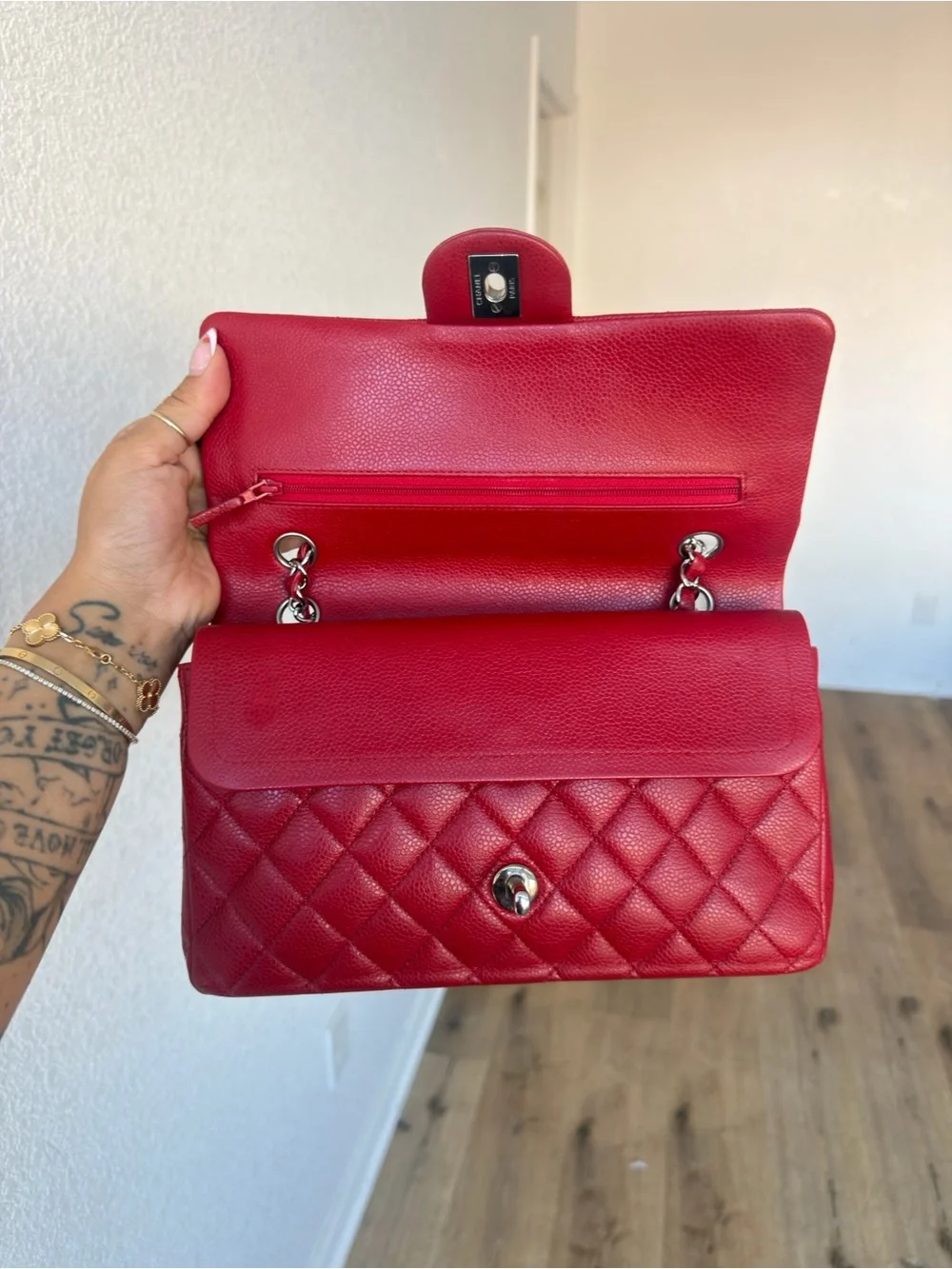 Medium CHANEL Double Flap Red with Silver Hardware